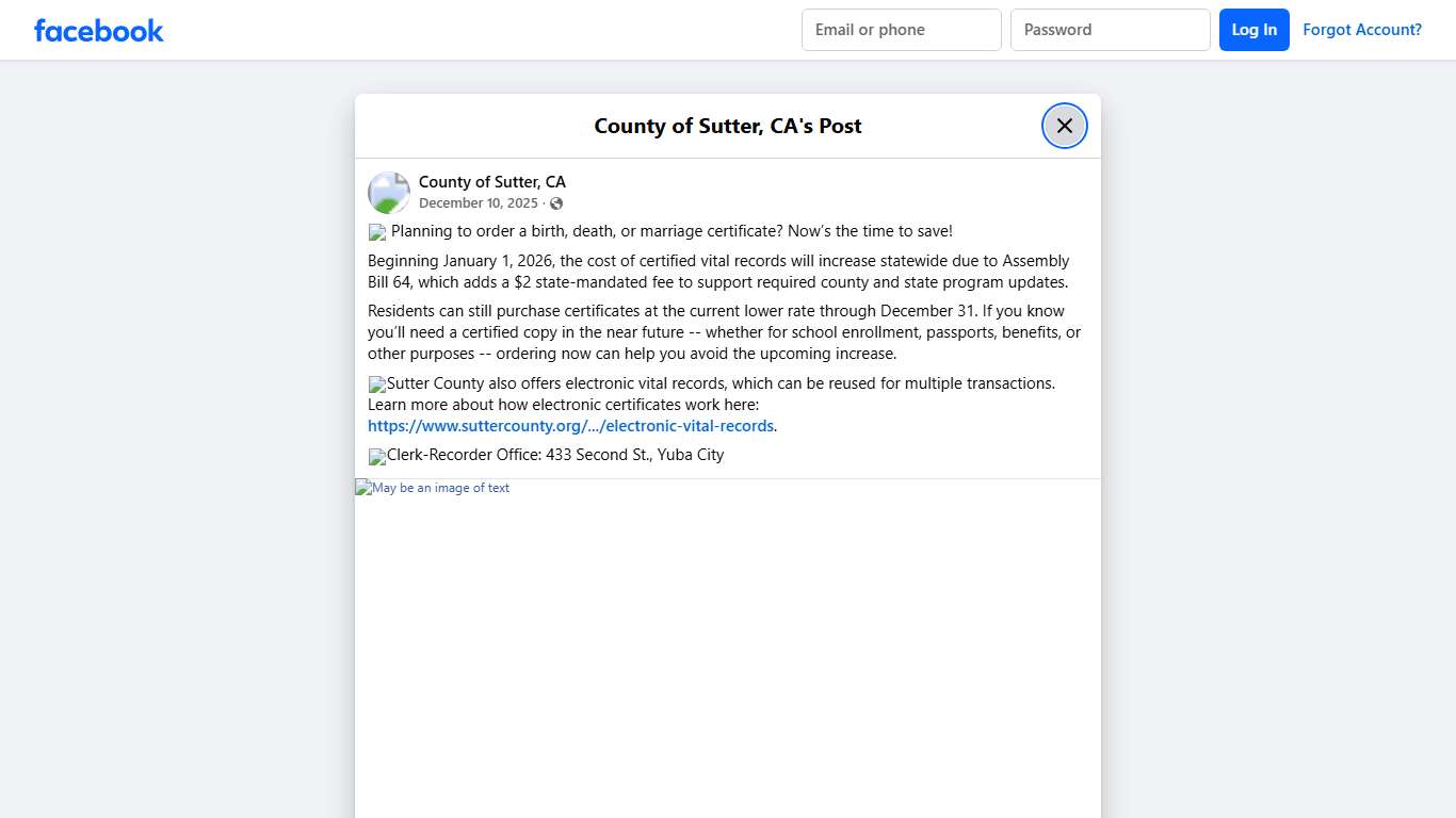📄 Planning to order a birth, death,... - County of Sutter, CA Facebook